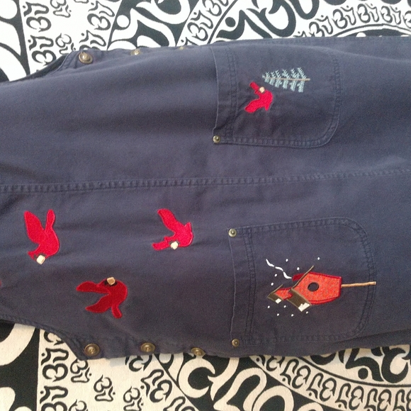 Womens dark blue overall dress by Christopher & Banks with birds. Size M. - Picture 2 of 8
